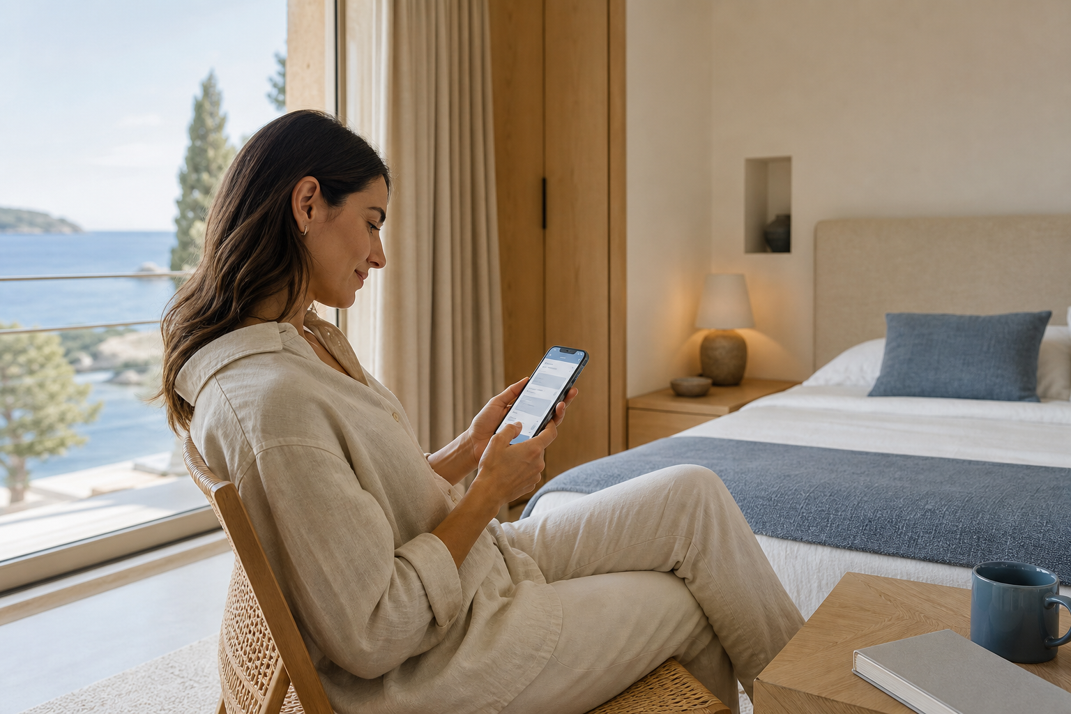 A guest using her phone inside a refined seaside rental