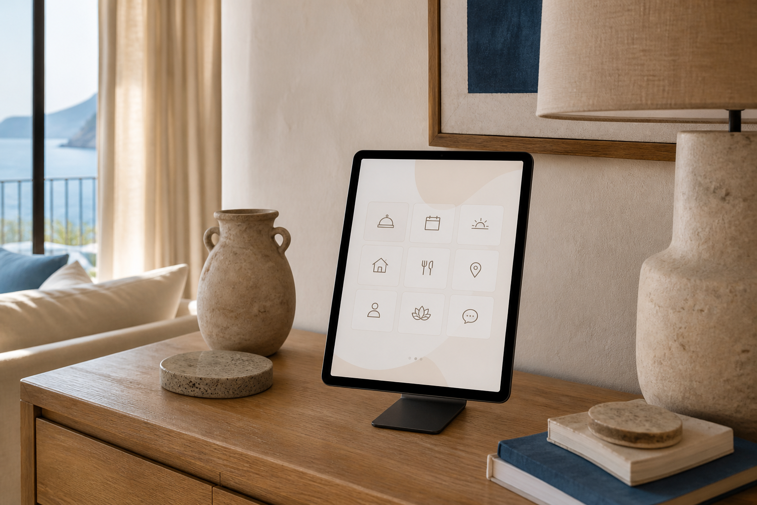 A configured guest terminal inside a warm vacation rental